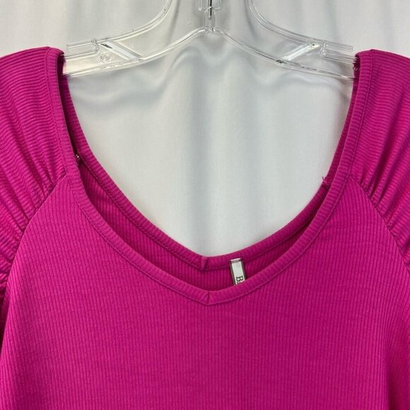 Bke Core Womens Crop Top Pink Short Sleeve Puff V Neck Stretch Ribbed S - Picture 7 of 9